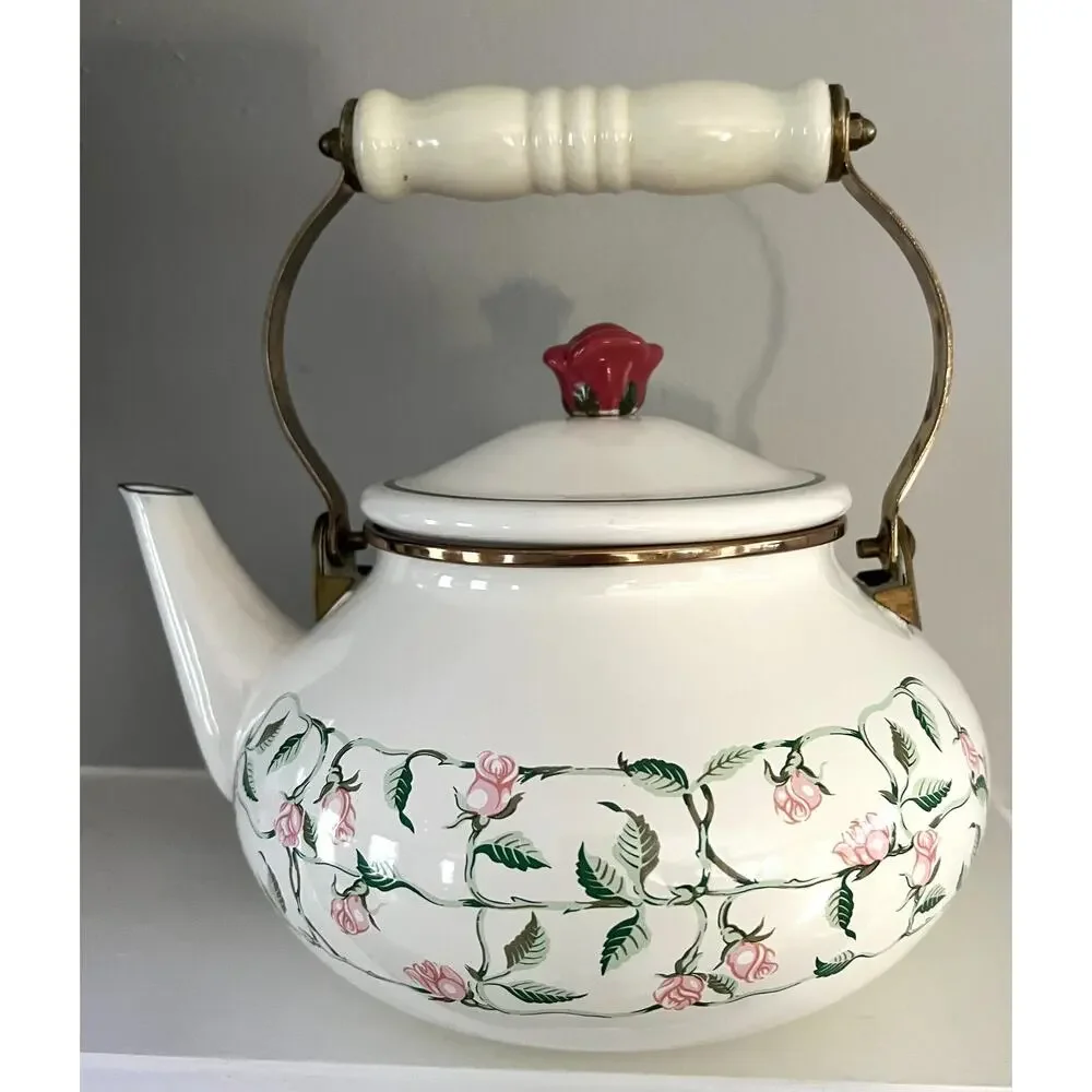 RARE: Vintage Cameo Rose by National Housewares 1987 Metal & Enamel Tea Kettle